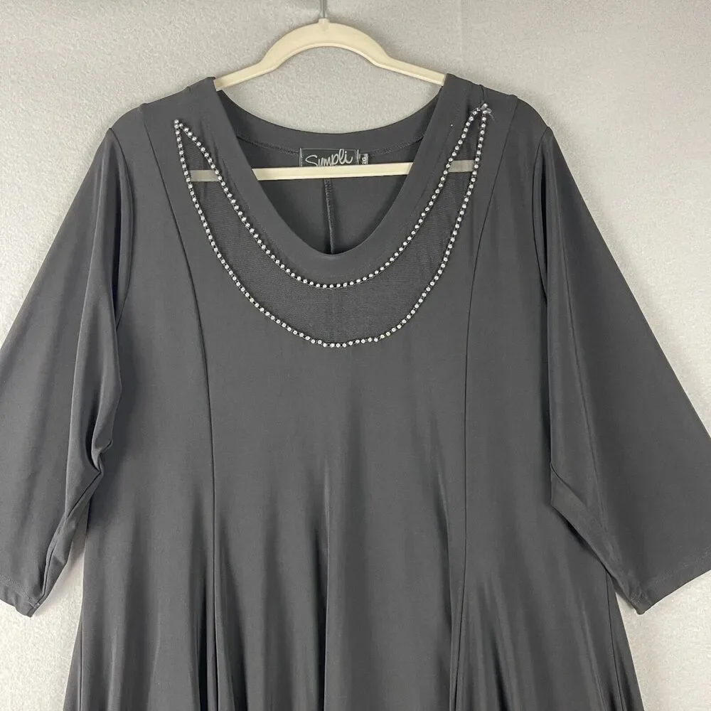 Sympli Grand Tunic Dress Womens 2G Black Rhinestone Mesh Asymmetrical Lagenlook‎